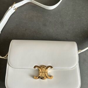 Celine Elegant White Triomphe Shoulder Bag with Gold Hardware